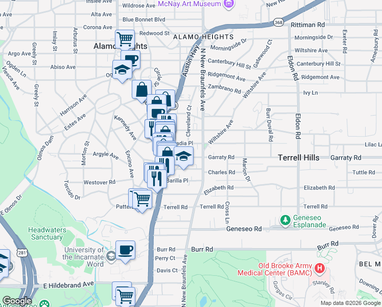 map of restaurants, bars, coffee shops, grocery stores, and more near 212 Grove Place in San Antonio