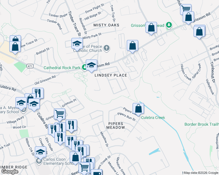 map of restaurants, bars, coffee shops, grocery stores, and more near 4527 Oakfield Way in San Antonio