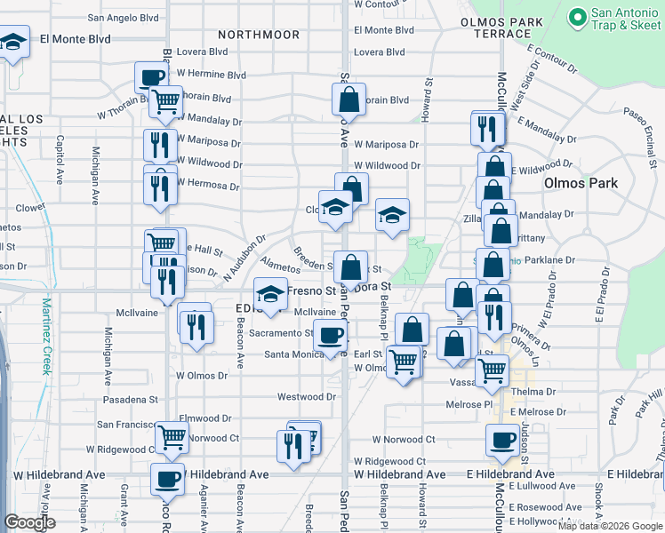 map of restaurants, bars, coffee shops, grocery stores, and more near 522 Alametos in San Antonio