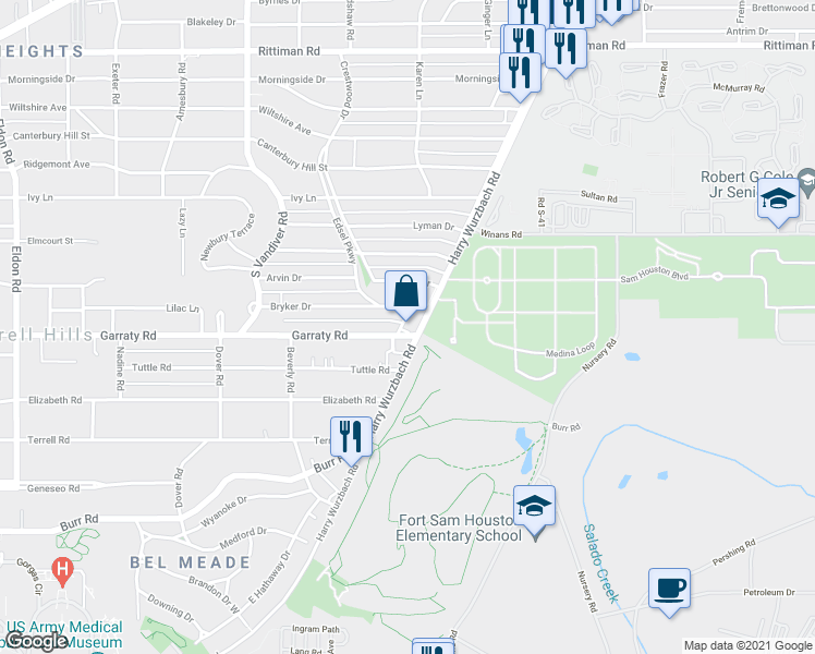 map of restaurants, bars, coffee shops, grocery stores, and more near 1501 Harry Wurzbach Road in Terrell Hills