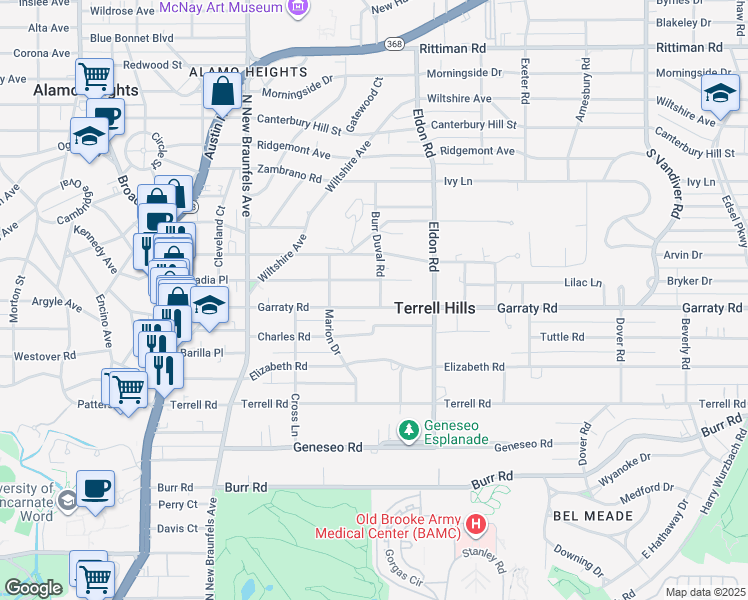 map of restaurants, bars, coffee shops, grocery stores, and more near 429 Garraty Road in Terrell Hills