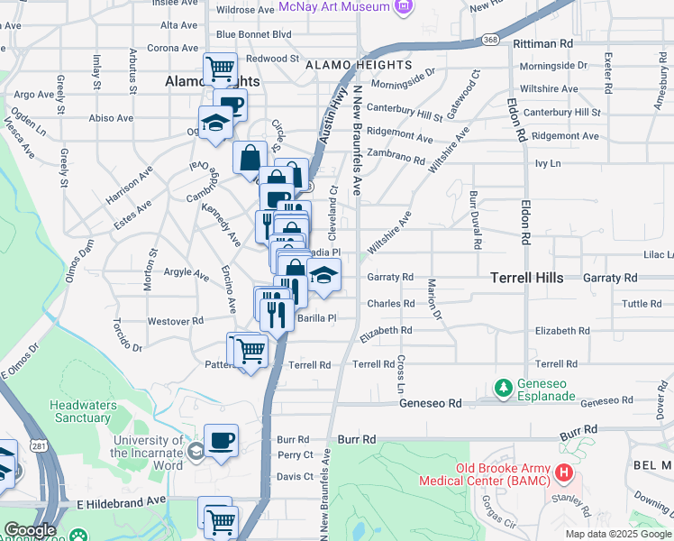 map of restaurants, bars, coffee shops, grocery stores, and more near 201 Grove Place in Alamo Heights
