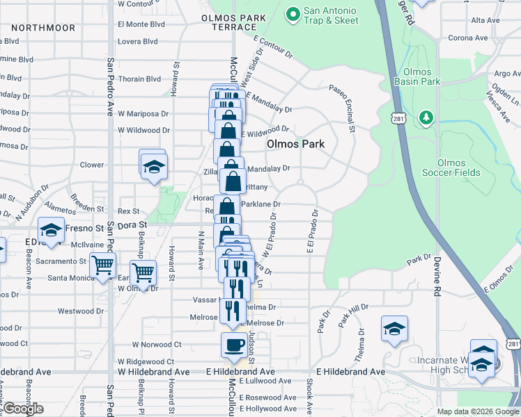 map of restaurants, bars, coffee shops, grocery stores, and more near 130 Parklane Drive in San Antonio