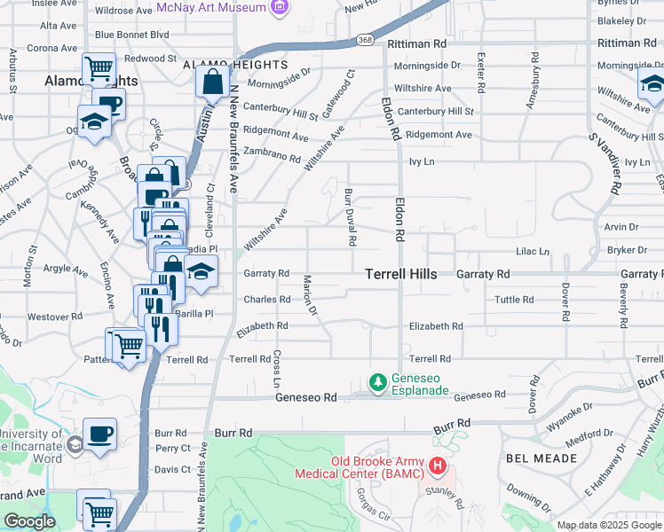 map of restaurants, bars, coffee shops, grocery stores, and more near 429 Garraty Road in Terrell Hills