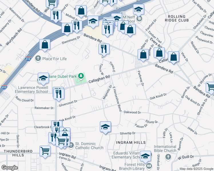 map of restaurants, bars, coffee shops, grocery stores, and more near 4307 Majestic Drive in San Antonio