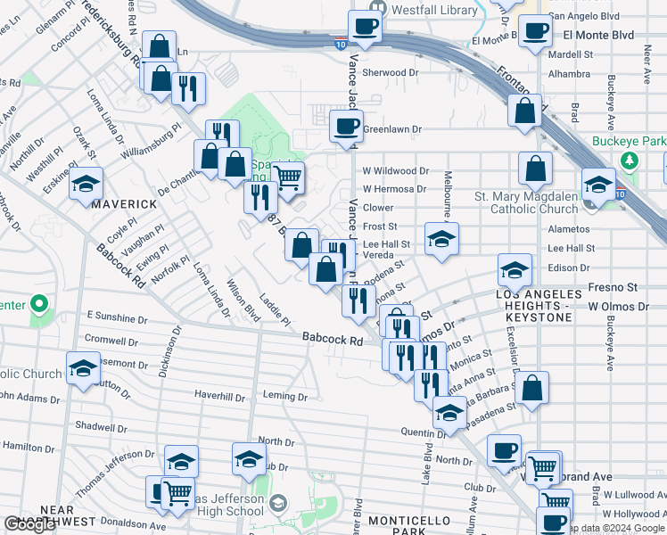 map of restaurants, bars, coffee shops, grocery stores, and more near 3440 Fredericksburg Road in San Antonio