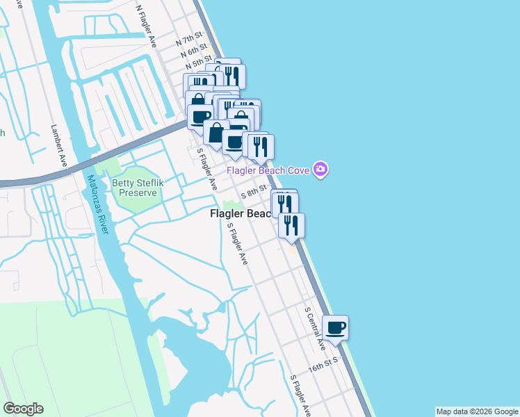 map of restaurants, bars, coffee shops, grocery stores, and more near 906 South Central Avenue in Flagler Beach