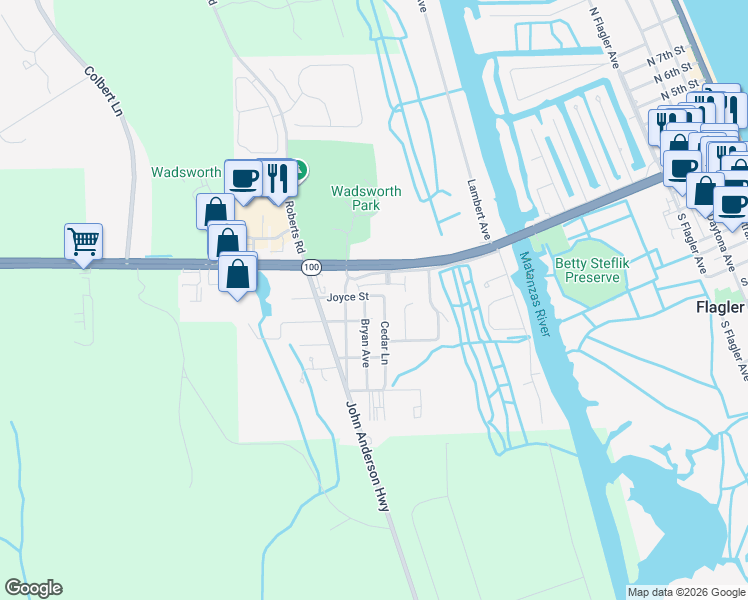 map of restaurants, bars, coffee shops, grocery stores, and more near 2097 Joyce Street in Flagler Beach