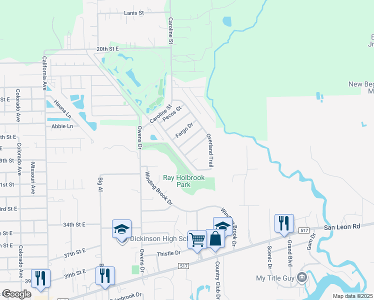 map of restaurants, bars, coffee shops, grocery stores, and more near 5810 Red River Drive in Dickinson