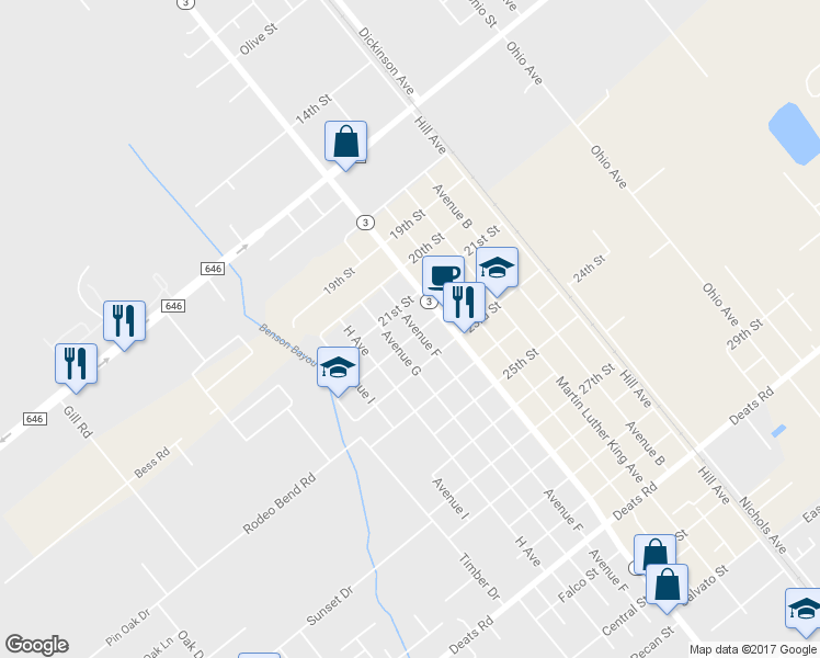 map of restaurants, bars, coffee shops, grocery stores, and more near 2120 Avenue F in Dickinson