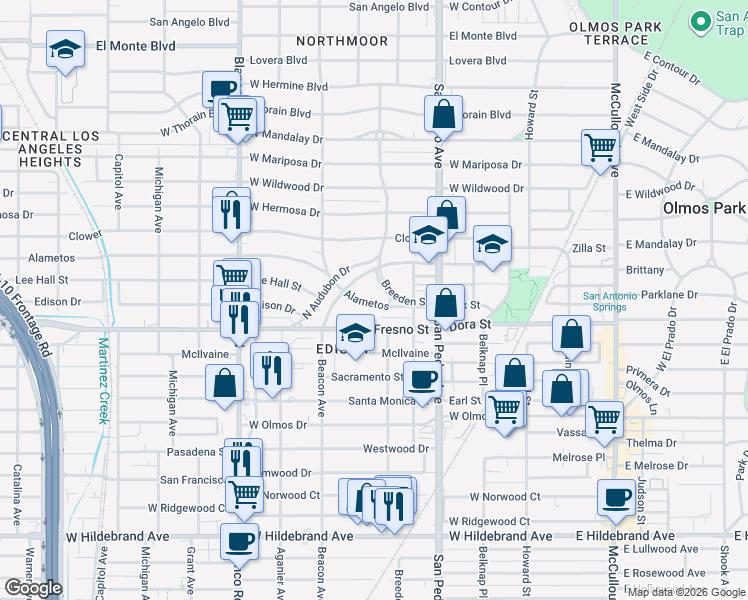 map of restaurants, bars, coffee shops, grocery stores, and more near 610 Alametos in San Antonio