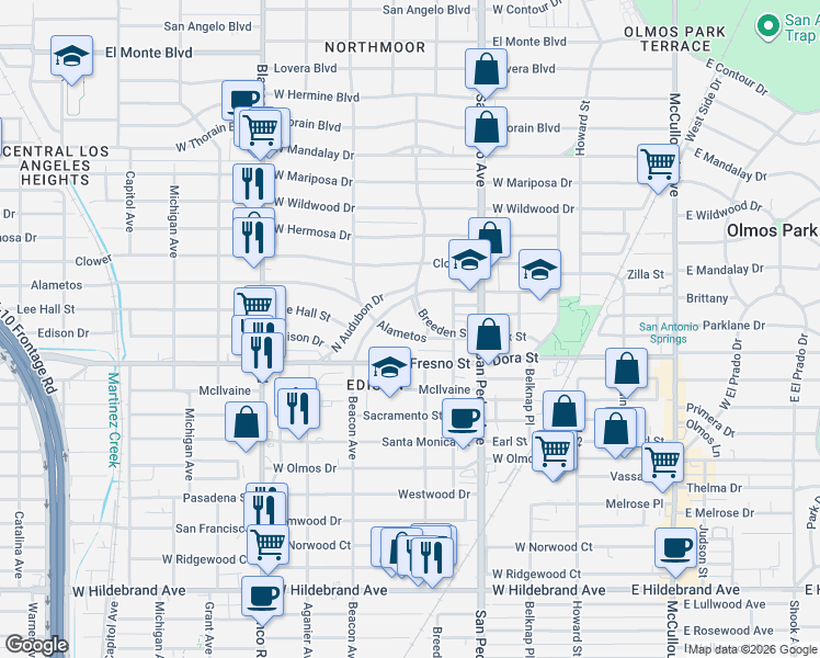 map of restaurants, bars, coffee shops, grocery stores, and more near 610 Alametos in San Antonio