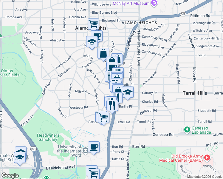 map of restaurants, bars, coffee shops, grocery stores, and more near 5201 Broadway Street in San Antonio