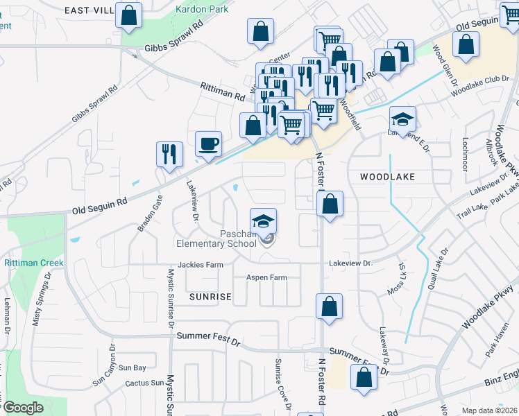 map of restaurants, bars, coffee shops, grocery stores, and more near 5044 Viking Coral in San Antonio