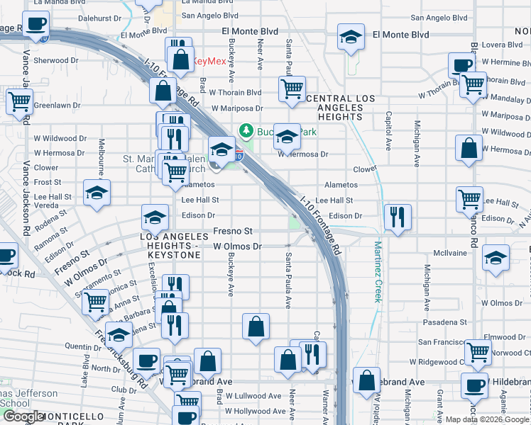 map of restaurants, bars, coffee shops, grocery stores, and more near 1524 Edison Drive in San Antonio