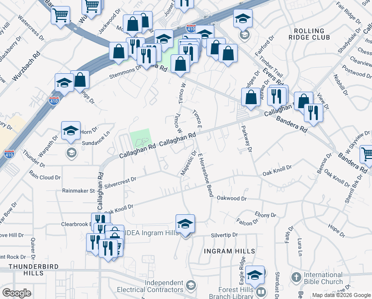 map of restaurants, bars, coffee shops, grocery stores, and more near 4307 Majestic Drive in San Antonio