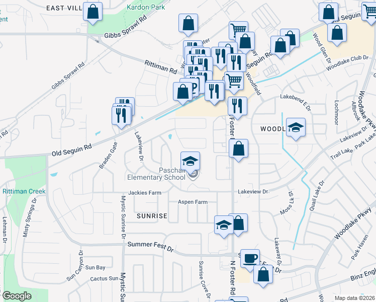 map of restaurants, bars, coffee shops, grocery stores, and more near 5044 Viking Coral in San Antonio