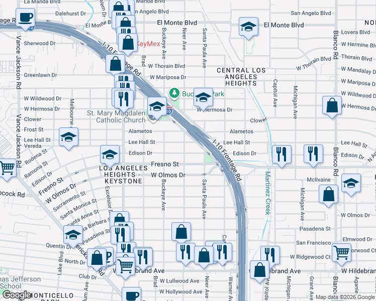map of restaurants, bars, coffee shops, grocery stores, and more near 1524 Edison Drive in San Antonio