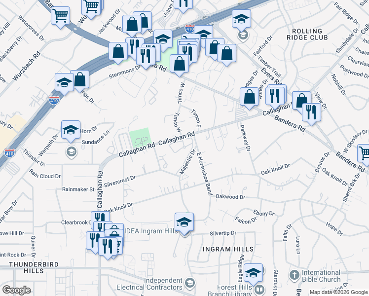 map of restaurants, bars, coffee shops, grocery stores, and more near 4307 Majestic Drive in San Antonio