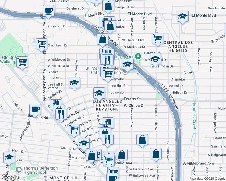 map of restaurants, bars, coffee shops, grocery stores, and more near 1802 Edison Drive in San Antonio