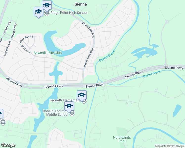 map of restaurants, bars, coffee shops, grocery stores, and more near Waters Lake Boulevard in Sienna Plantation