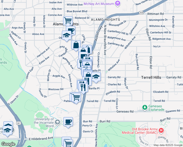 map of restaurants, bars, coffee shops, grocery stores, and more near 141 Grove Place in Alamo Heights
