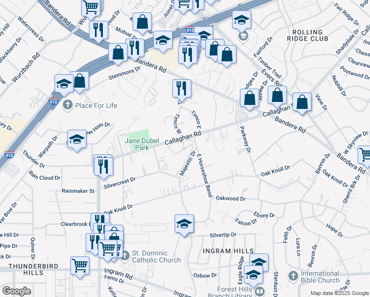 map of restaurants, bars, coffee shops, grocery stores, and more near 4307 Majestic Drive in San Antonio
