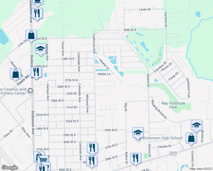 map of restaurants, bars, coffee shops, grocery stores, and more near 63 Allsseitz Drive in Dickinson