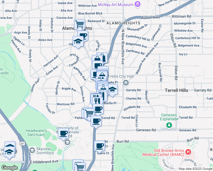 map of restaurants, bars, coffee shops, grocery stores, and more near 101 Arcadia Place in San Antonio