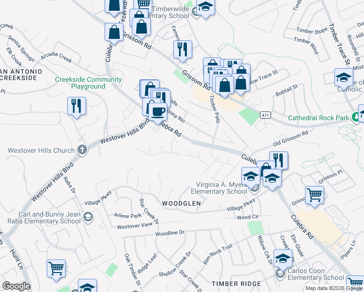 map of restaurants, bars, coffee shops, grocery stores, and more near 9011 Hilltop Crossing Drive in San Antonio
