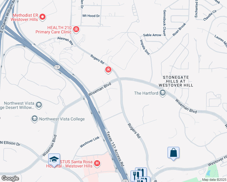 map of restaurants, bars, coffee shops, grocery stores, and more near 4315 Rogers Road in San Antonio