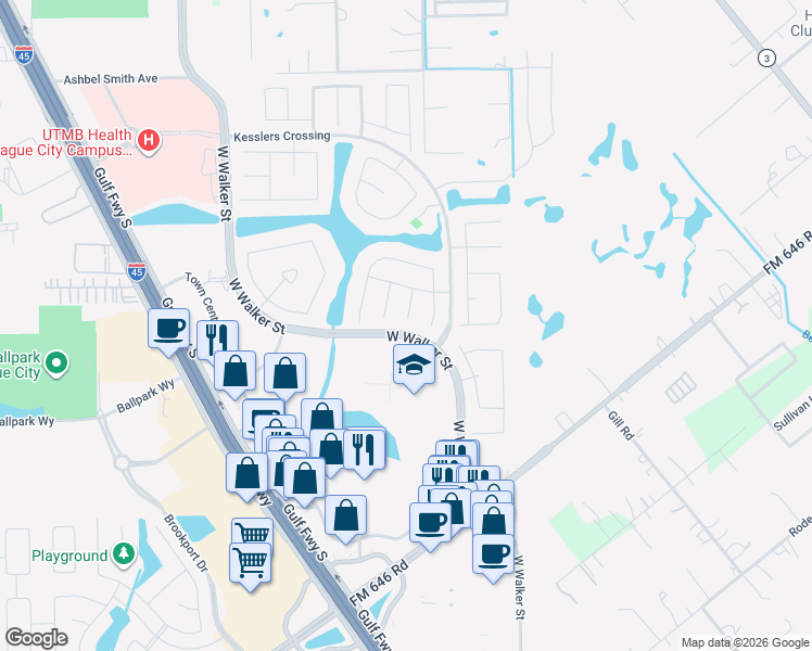 map of restaurants, bars, coffee shops, grocery stores, and more near 2638 Pueblo Court in League City