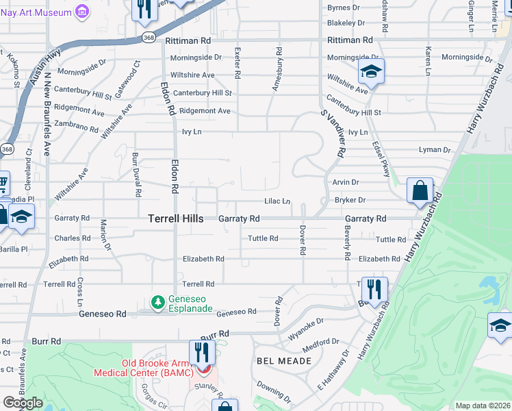 map of restaurants, bars, coffee shops, grocery stores, and more near 809 Garraty Road in San Antonio