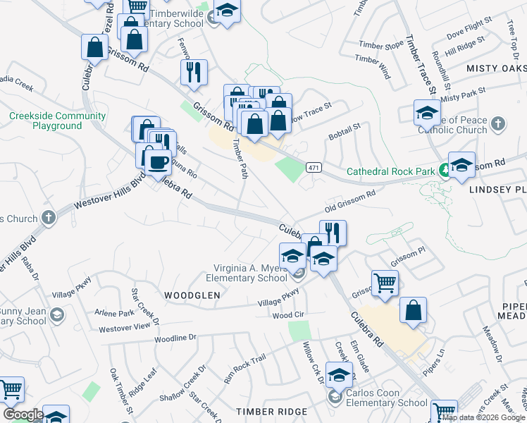 map of restaurants, bars, coffee shops, grocery stores, and more near 4311 Enfield Bluff in San Antonio