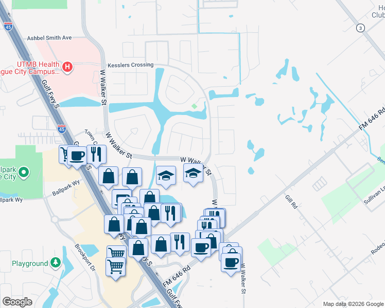 map of restaurants, bars, coffee shops, grocery stores, and more near 2638 Pueblo Court in League City