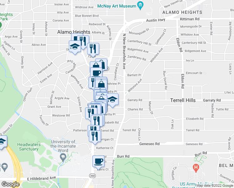 map of restaurants, bars, coffee shops, grocery stores, and more near 202 Arcadia Place in San Antonio