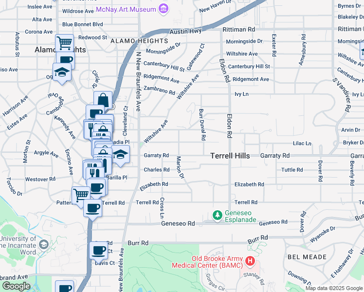 map of restaurants, bars, coffee shops, grocery stores, and more near 401 Garraty Road in San Antonio