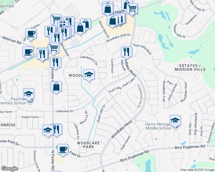 map of restaurants, bars, coffee shops, grocery stores, and more near 5327 Lakebend East Drive in San Antonio