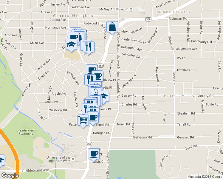 map of restaurants, bars, coffee shops, grocery stores, and more near 212 Grove Place in San Antonio