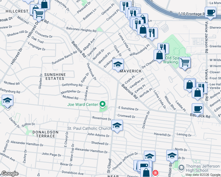 map of restaurants, bars, coffee shops, grocery stores, and more near 2201 Saint Cloud in San Antonio