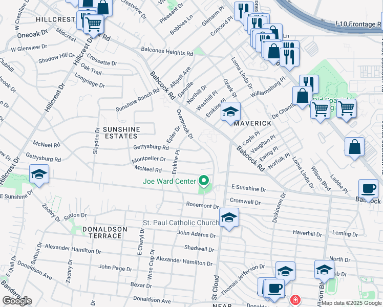 map of restaurants, bars, coffee shops, grocery stores, and more near 138 Montpelier Drive in San Antonio