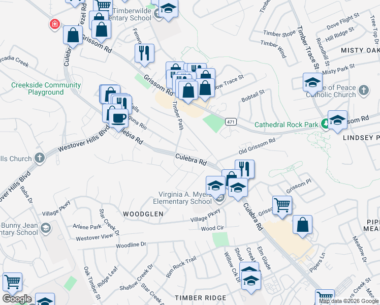 map of restaurants, bars, coffee shops, grocery stores, and more near 4311 Enfield Bluff in San Antonio