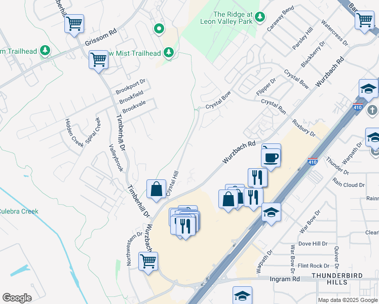 map of restaurants, bars, coffee shops, grocery stores, and more near 4502 Crystal Hill in San Antonio