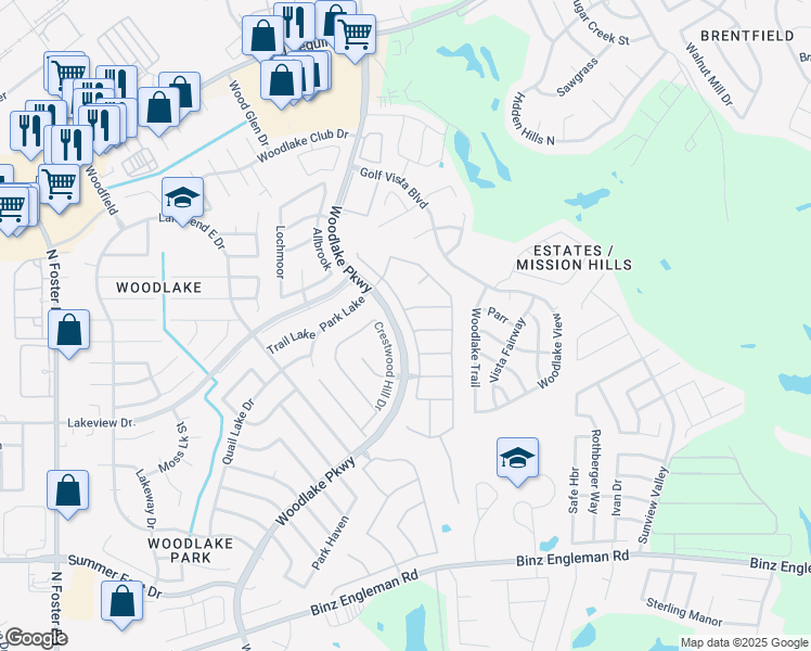 map of restaurants, bars, coffee shops, grocery stores, and more near 5307 Wood Glen Drive in San Antonio