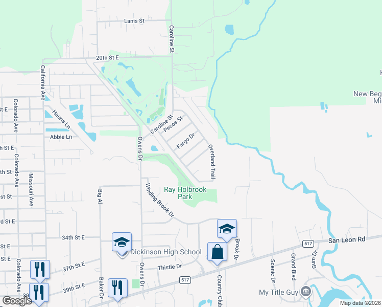 map of restaurants, bars, coffee shops, grocery stores, and more near 5801 Guadalupe Drive in Dickinson