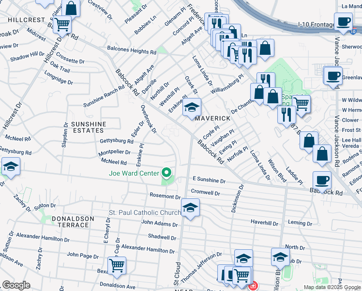 map of restaurants, bars, coffee shops, grocery stores, and more near 602 Babcock Road in San Antonio