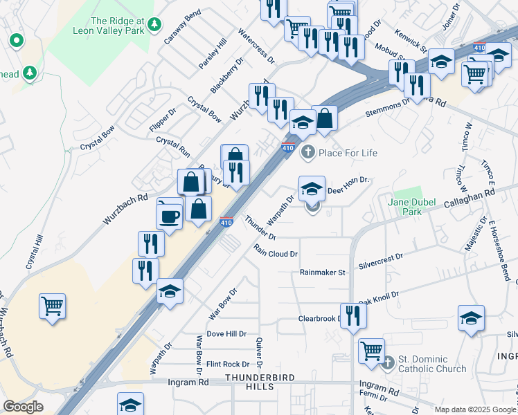 map of restaurants, bars, coffee shops, grocery stores, and more near 6218 Tom Tom Street in San Antonio
