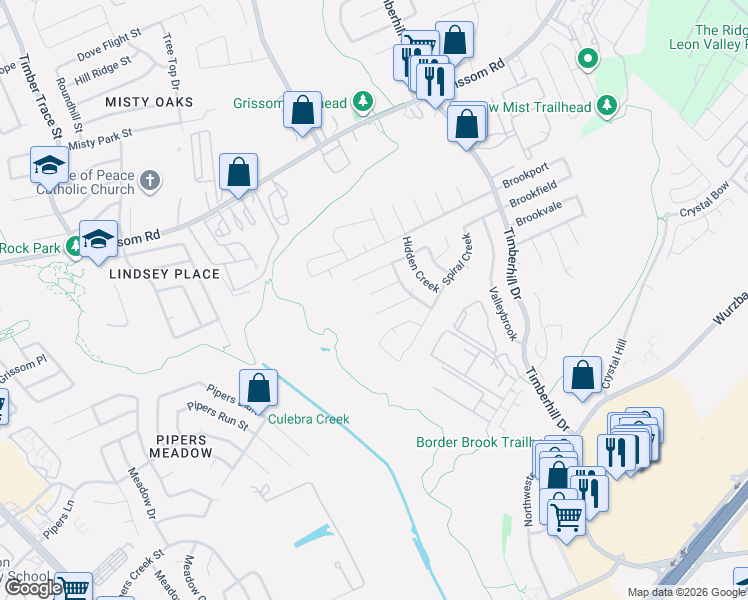 map of restaurants, bars, coffee shops, grocery stores, and more near 7230 Split Creek in San Antonio