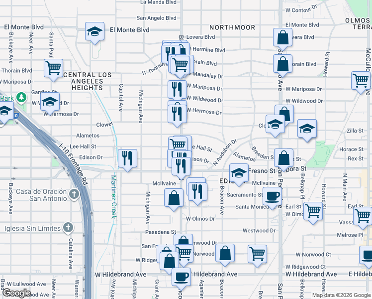 map of restaurants, bars, coffee shops, grocery stores, and more near 862 Lee Hall Street in San Antonio