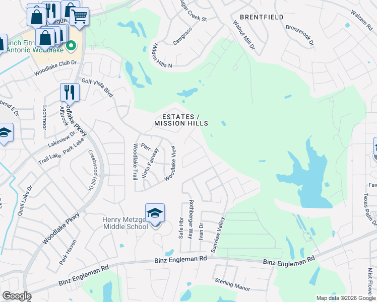 map of restaurants, bars, coffee shops, grocery stores, and more near 5114 Mustang Cove in San Antonio